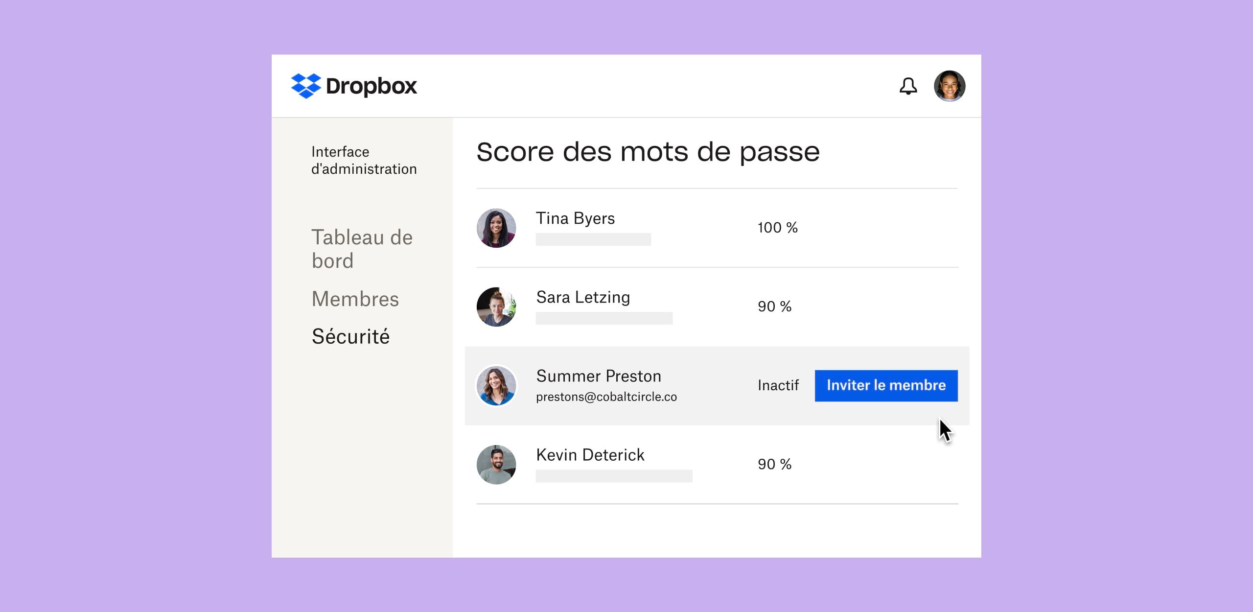 Interface Dropbox affichant les scores des mots de passe des utilisateurs individuels et un bouton bleu intitulé “Inviter le membre” à côté d'un profil d'utilisateur inactif